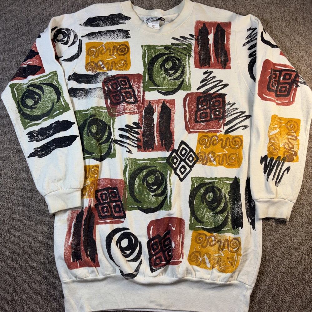 VTG 80s Physical Attraction AOP Art Sweatshirt Unisex Double Sided S Fits Large
